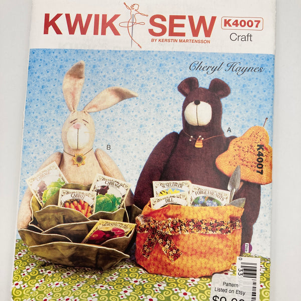 Kwik Sew 4007 | Craft Pattern - Bear + Bunny Baskets | Uncut, Unused, Factory Folded Sewing Pattern