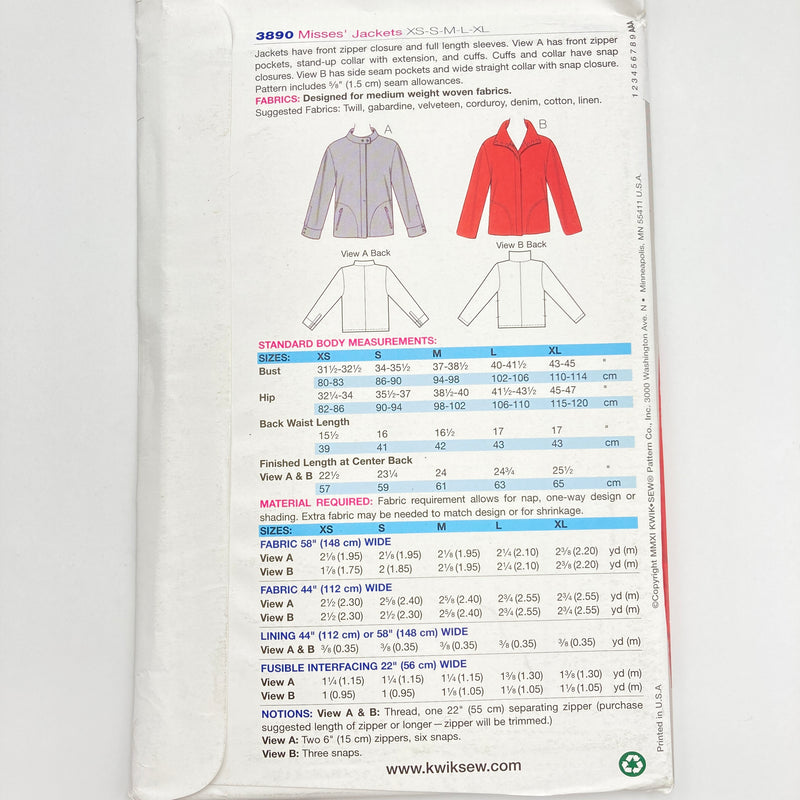 Kwik Sew 3890 | Adult Jackets - Sizes XS, S, M, L, XL | Uncut, Unused, Factory Folded Sewing Pattern