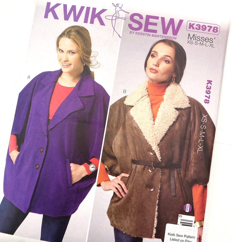 Kwik Sew 3978 | Adult Coats - Sizes XS, S, M, L, XL | Uncut, Unused, Factory Folded Sewing Pattern