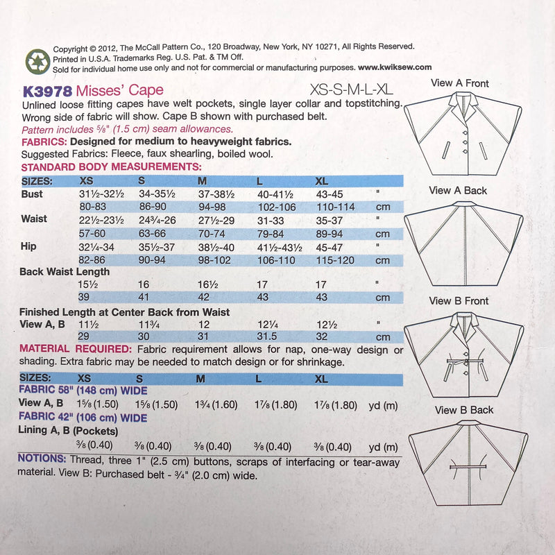 Kwik Sew 3978 | Adult Coats - Sizes XS, S, M, L, XL | Uncut, Unused, Factory Folded Sewing Pattern