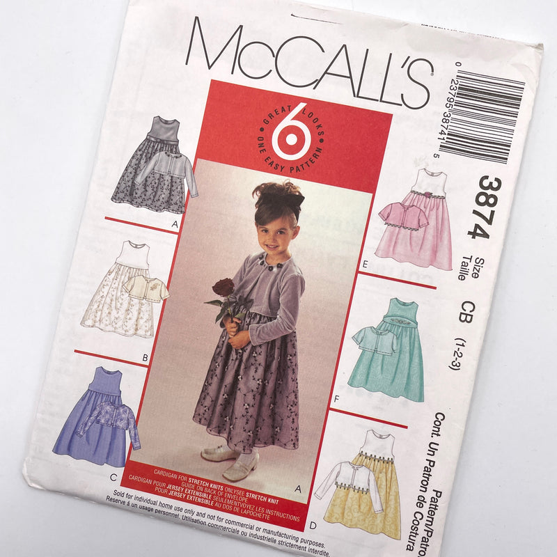 McCall's 3874 | Children's and Toddlers' Cardigan and Dresses | Size 1-3