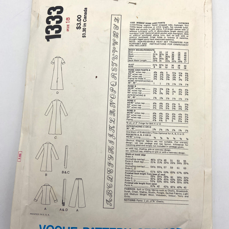Vogue 1333 | Adult Robe and Pants | Size 18