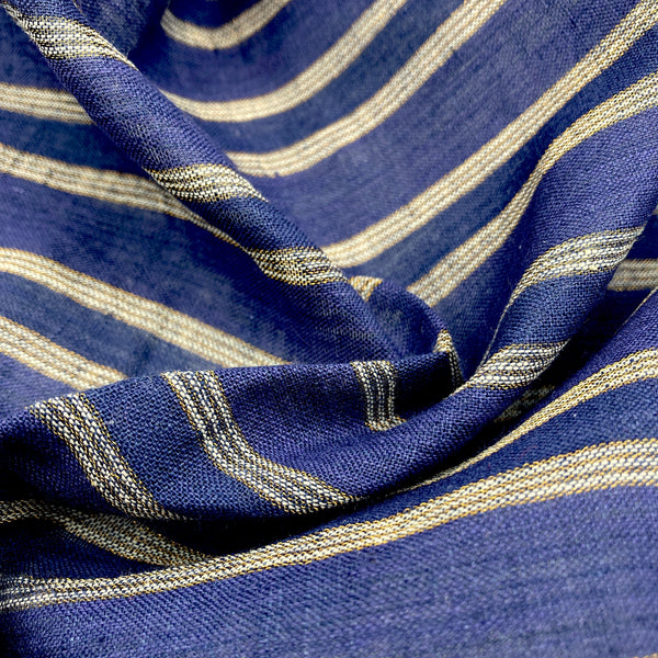 Navy blue linen fabric with a subtle metallic gold and white stripe throughout.