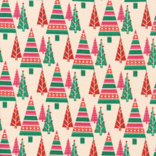 An ivory fabric with red, pink, and green Christmas trees printed on it.